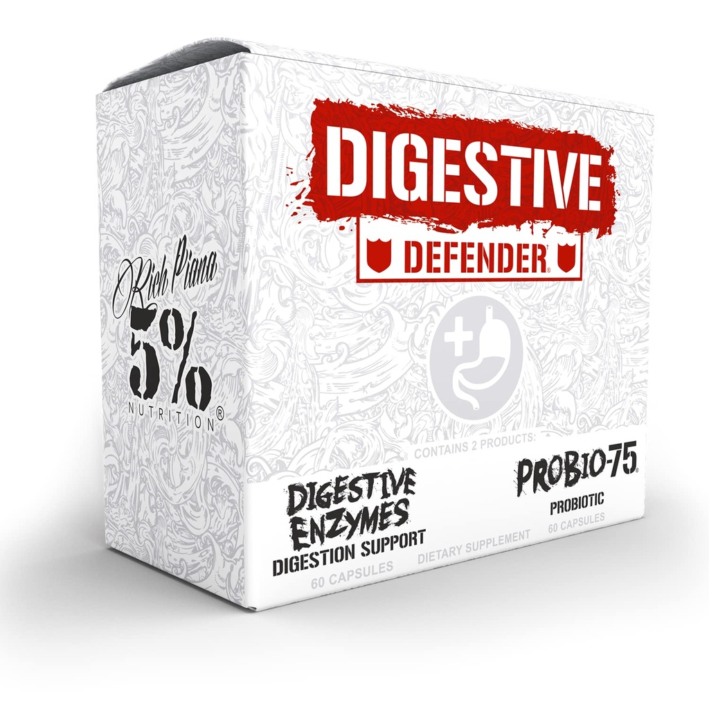 5% Nutrition Rich Piana fordøjelsesdefender against 124; Probio- 75 & fordøjelsesenzymer fordøjelsestilskud 124; Premium kvalitet enzymer med probiotika og Prebiotic Fiber against 124; 120 Gelatine kapsler (30 Svgs)