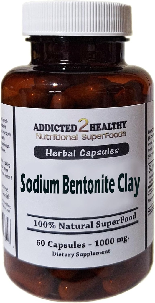 Food Grade Sodium Bentonite Clay Powder Capsules (1000 mg) 60 Count by Addicted 2 Healthy