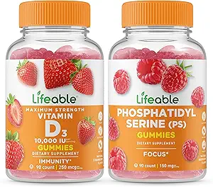 Lifeable Vitamin D 10000 IU + Phosphatidylserine (PS), Gummies Bundle - Great Tasting, Vitamin Supplement, Gluten Free, GMO Free, Chewable Gummy