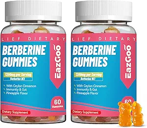 2 Pack Berberine Gummies -1200mg Berberine tillæg med Ceylon kanel til stofskifte og energistøtte, Vegan Gelatin- Free- 120 Tæl