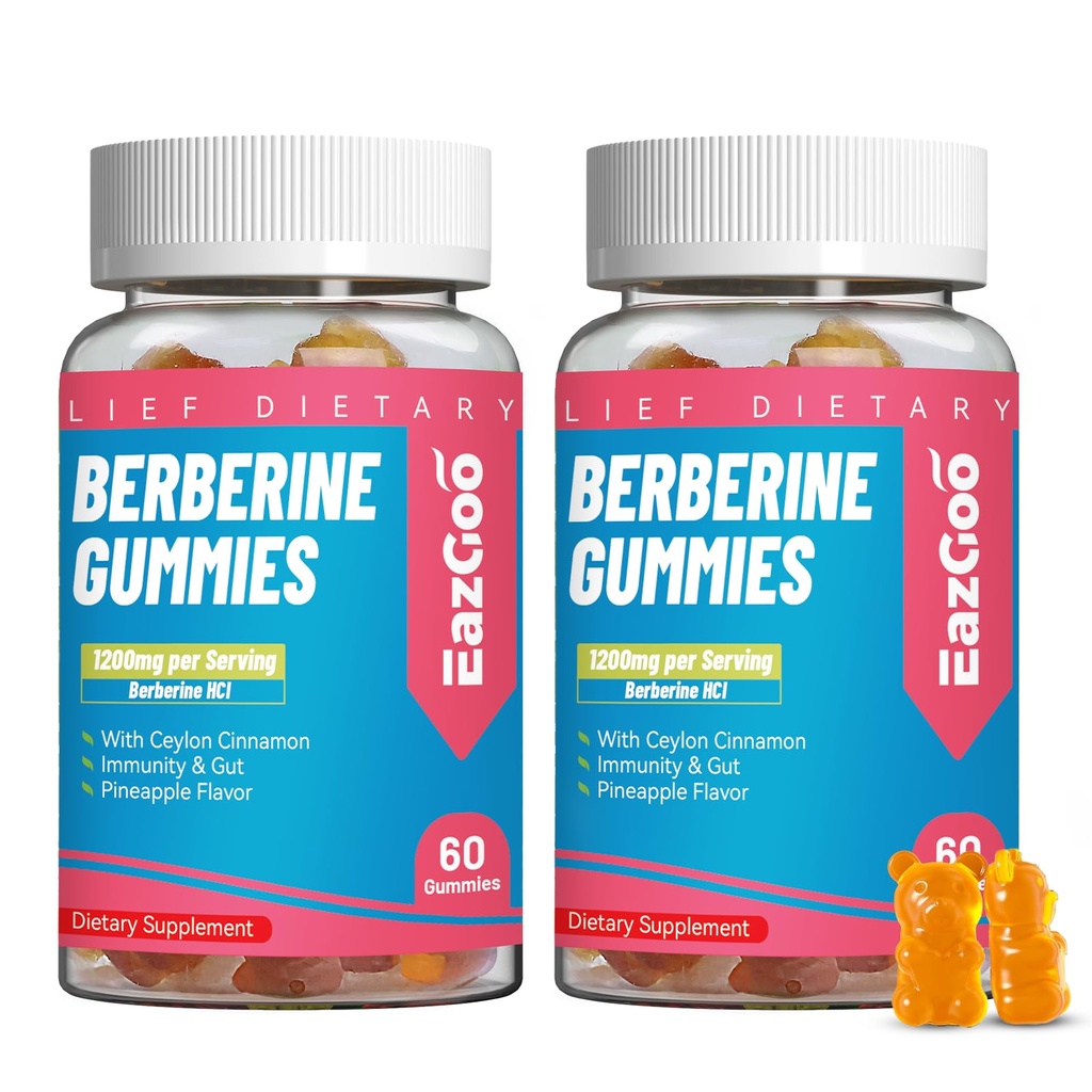 2 Pack Berberine Gummies -1200mg Berberine tillæg med Ceylon kanel til stofskifte og energistøtte, Vegan Gelatin- Free- 120 Tæl