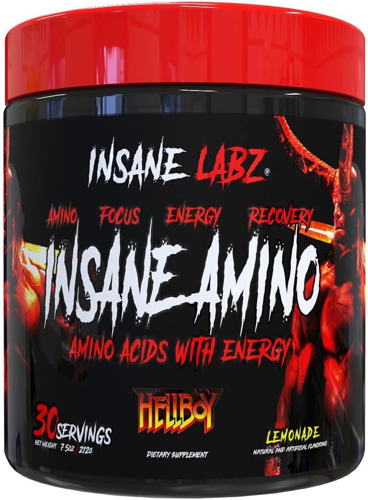 Insane Labz Insane Amino Hellboy Edition, BCAA med Energy Focus Muscle Recovery, Intra Workout Powder, 2 1 Forgrenet Chain Amino Acid Powder, 30 Srvgs, Lemonade