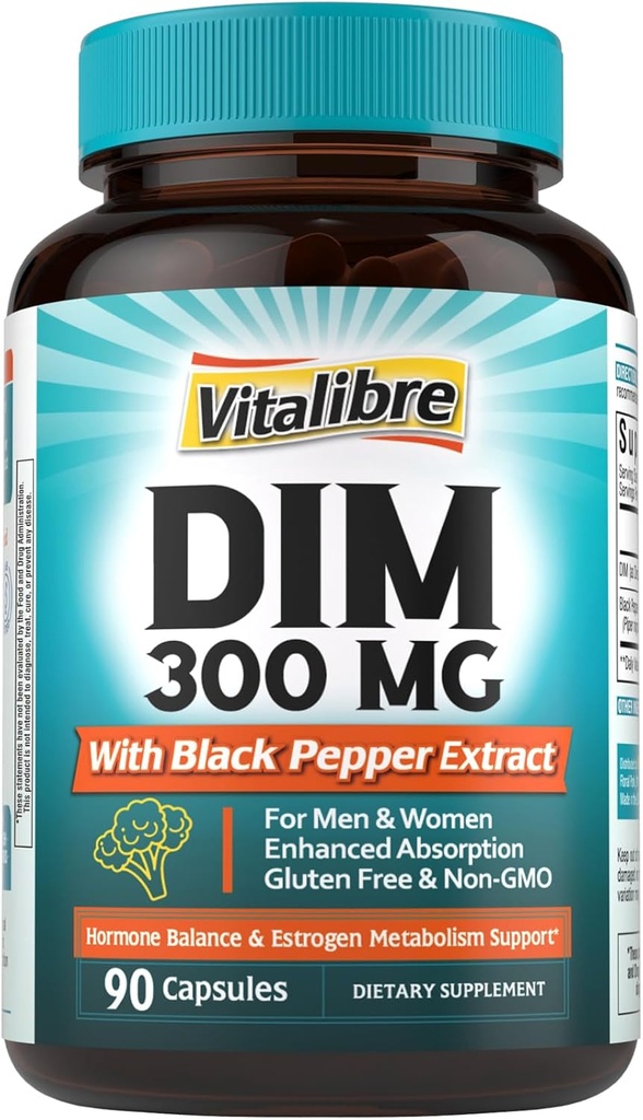 DIM Supplement for Women & Men, Estrogen Metabolism, Hormone Balance & Menopause Support, DIM 300 mg with Black Pepper Extract, High Absorption, 90 Capsules