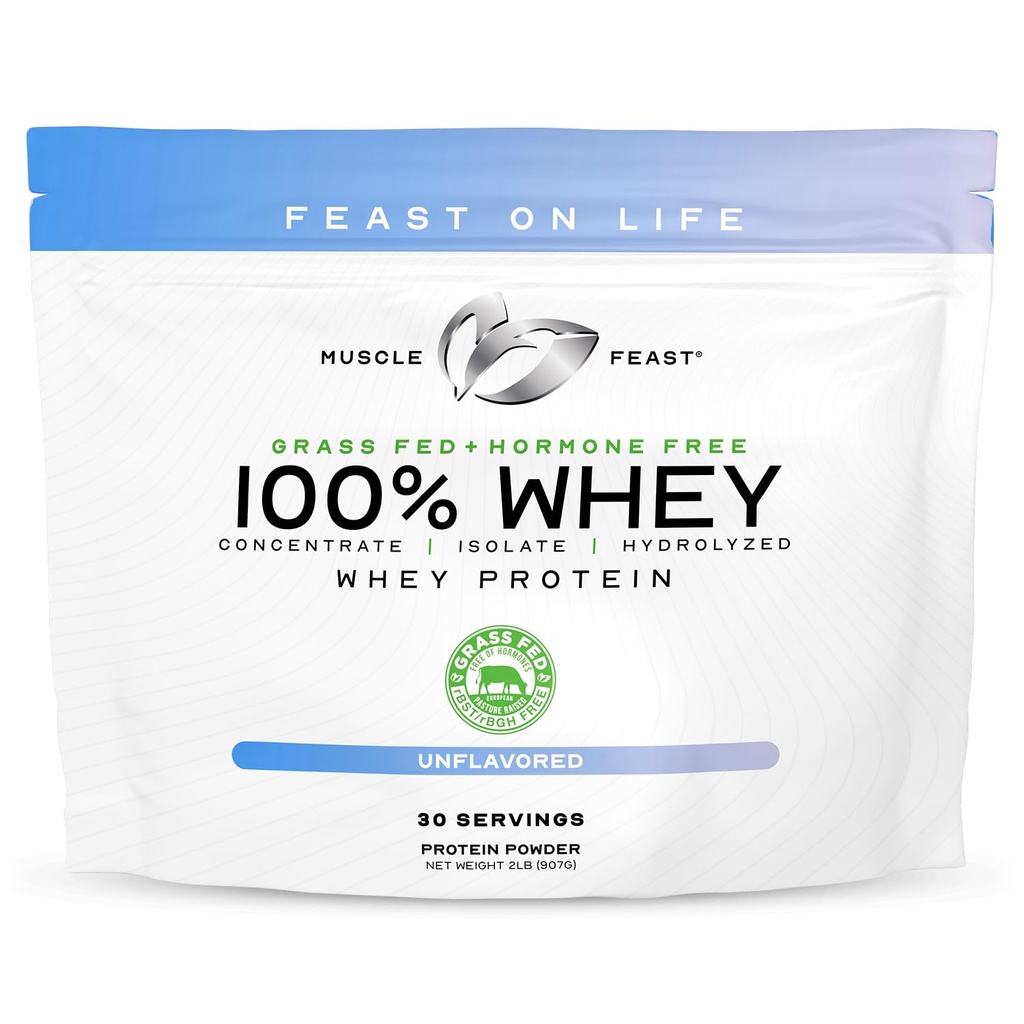 Muskel Feast 100% Grass Fed Whey Protein Powder, All Natural Hormone Free Paure Raised Whey Protein Powder for Women & Men- Whey Concentrate, Isolate & Hydrolysed Protein Powder Blend- Unflavored, 2lb