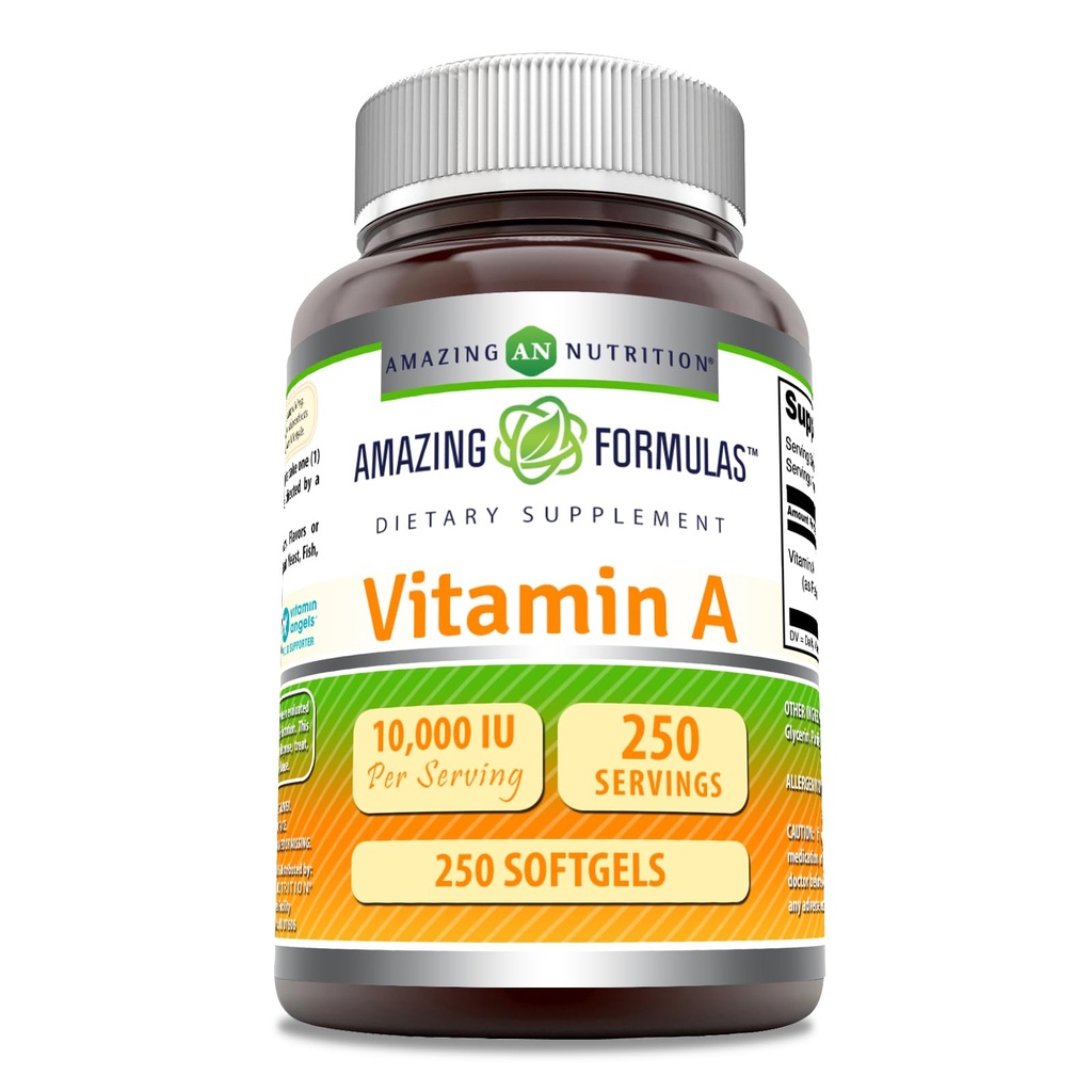 Amazing Formulas Vitamin A 10000 IE Supplement # 124; som Retinyl Palmitat # 124; 3000 Mcg # 124; Softgels # 124; Non- GMO # 124; Gluten Free # 124; Fremstillet i USA (1 pakke, 250 Tæl)