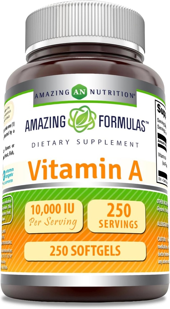 Amazing Formulas Vitamin A 10000 IE Supplement # 124; som Retinyl Palmitat # 124; 3000 Mcg # 124; Softgels # 124; Non- GMO # 124; Gluten Free # 124; Fremstillet i USA (1 pakke, 250 Tæl)