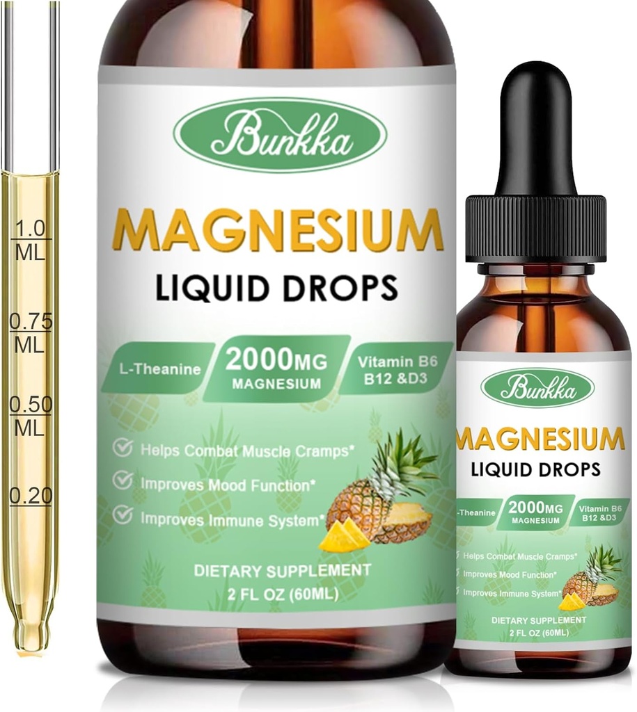 Magnesium Glycinat Supplement, Magnesium Complex flydende dråber med 500 mg Magnesium Glycinat, Magnesium Citrat, Vitamin - 30 dages forsyning