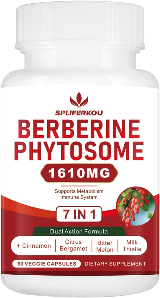 7-in-1 Berberine Phytosome med Ceylon Cinnamon, Berberine Complex understøtter metaboliske, lever funktion og immunsystem, non-GMO, glutenfri - 60 kapsler