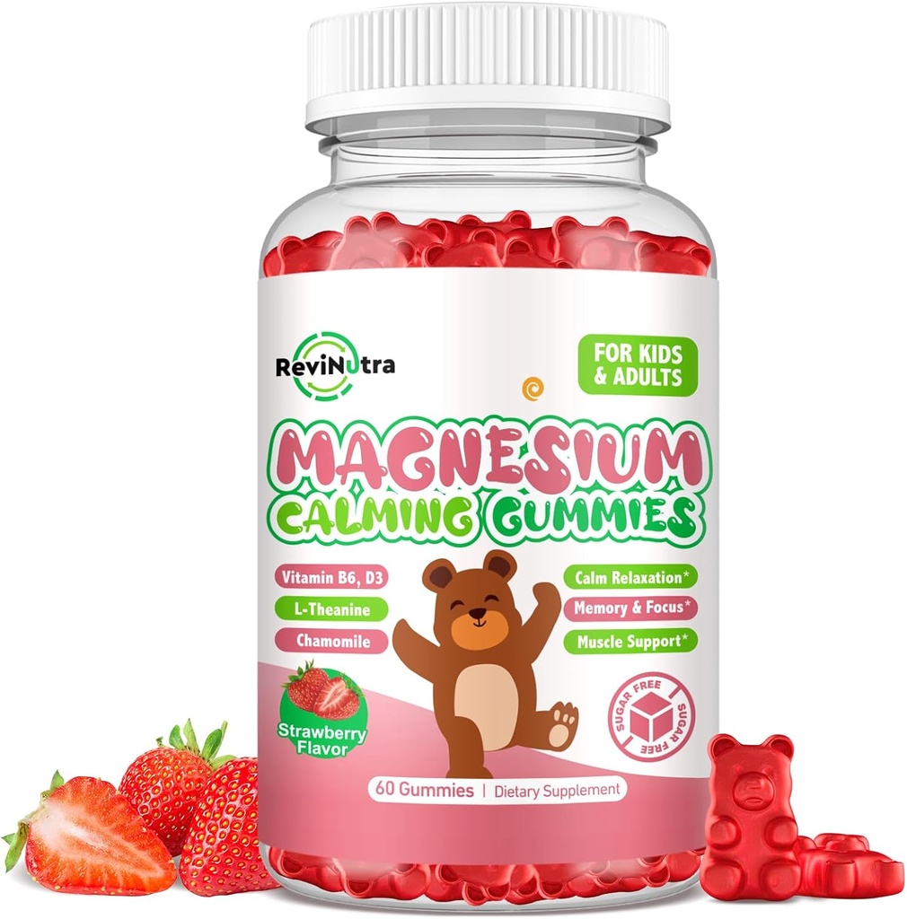 Magnesium Gummier for børn - Magnesium Glycinate Gummies Supplement med L-Theanin, vitamin B6, D3 for børn og voksne søvn, rolig, slaphed, hjerne, ben, sukker fri jordbær 60ct