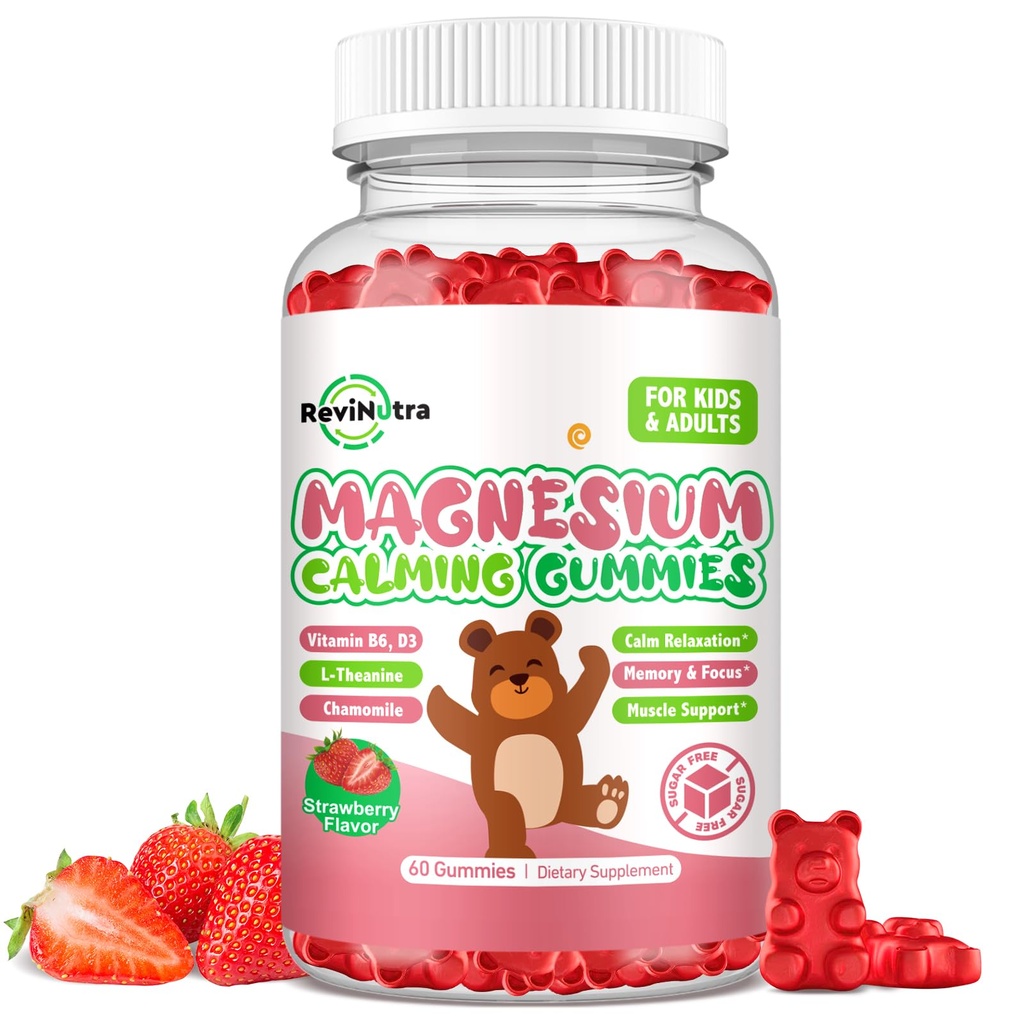 Magnesium Gummier for børn - Magnesium Glycinate Gummies Supplement med L-Theanin, vitamin B6, D3 for børn og voksne søvn, rolig, slaphed, hjerne, ben, sukker fri jordbær 60ct