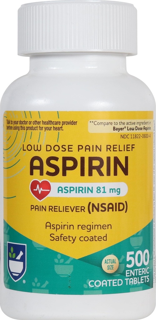 Rite Aspirin Enteric Tablets - 81 mg Aspirin - 500 Tæl - Lav- dosis for hovedpine Relief - Sikkerhed Overtrukket - Aspirin Regimen - Migraine Medicin - Smerte Relief