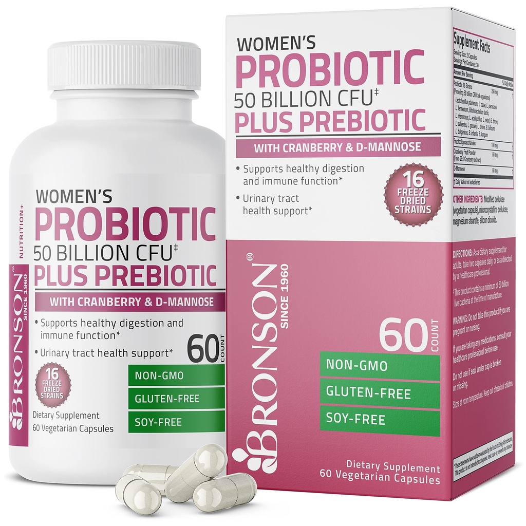 Bronson Kvinder Probiotiske 50 Millioner CFU + Prebiotic med Cranberry & D- Mannose - Vaginal Sundhed, sund fordøjelse, immunfunktion og urinveje støtte, non-GMO, 60 vegetariske kapsler