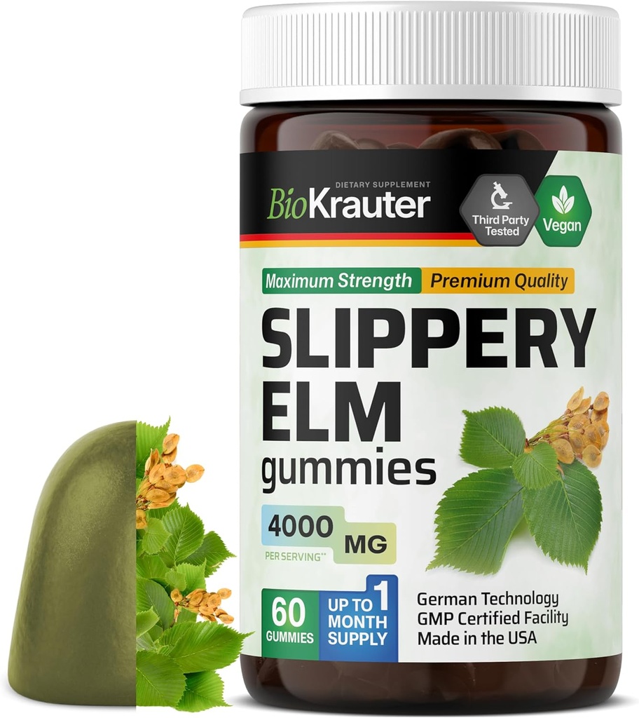 BIO KRAUTER Slippery Elm Gummies 4000 mg - 60 Greve 30 dages forbrug - fordøjelses- og respiratorisk support - Ulmus Rubra Gummies for Lungs - Slippery Elm Bark for kvinder & mænd - Vegan, GMO- Free