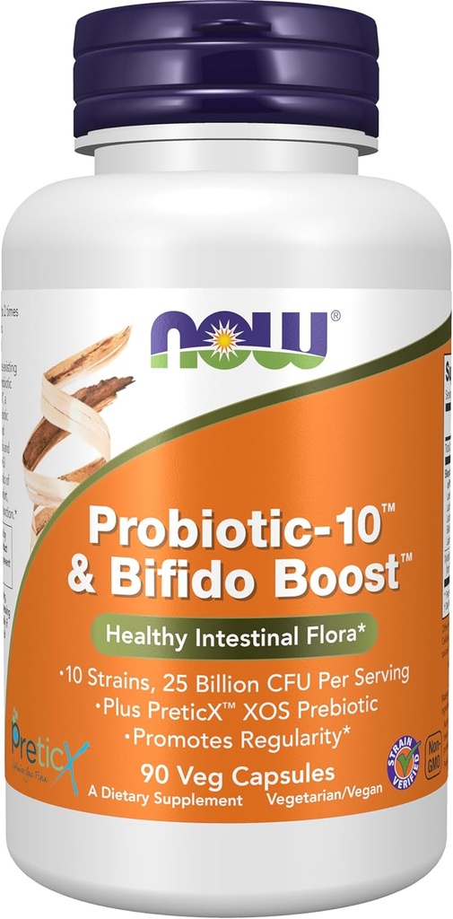 Now Foods Supplements, Probiotic- 10 ™ & Bifido Boost ™ med 10 Strops, 25 Millioner CFU Per Servering, plus PreticX ™ XOS Prebiotic, 90 Veg Kapsler