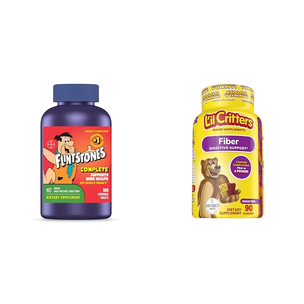 Flintstones Vitaminer Chewable Kids Vitaminer, Komplet Multivitamin & L 'il Critters Fiber Daily Gummy Supplement for børn, til fordøjelsesstøtte, Berry og Lemon Flavors, 90 gummies