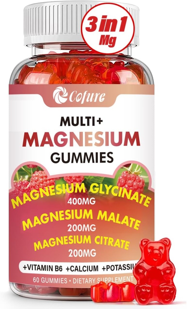 Triple Magnesium Complex 900 mg, Magnesium Glycinat, Citrate, Malat med kalium, calcium, B6-vitamin til ro og søvn - Vegan, Non- GMO, Gluten Free - 60 Hindbær Gummier for voksne