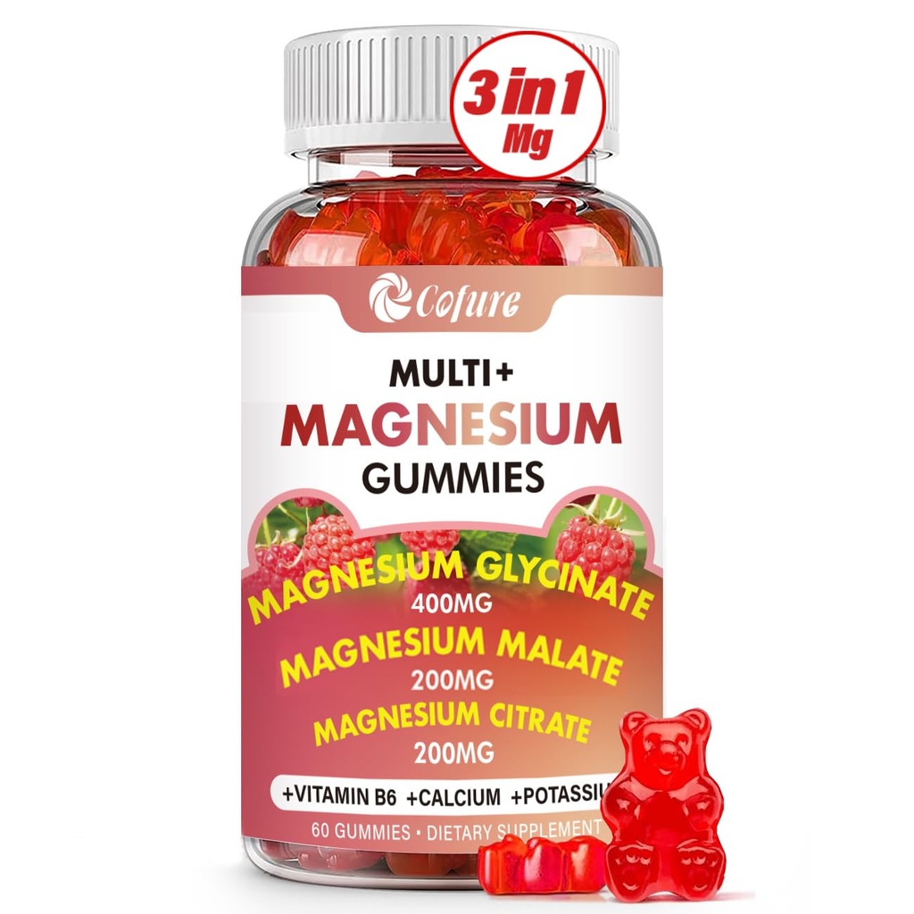 Triple Magnesium Complex 900 mg, Magnesium Glycinat, Citrate, Malat med kalium, calcium, B6-vitamin til ro og søvn - Vegan, Non- GMO, Gluten Free - 60 Hindbær Gummier for voksne