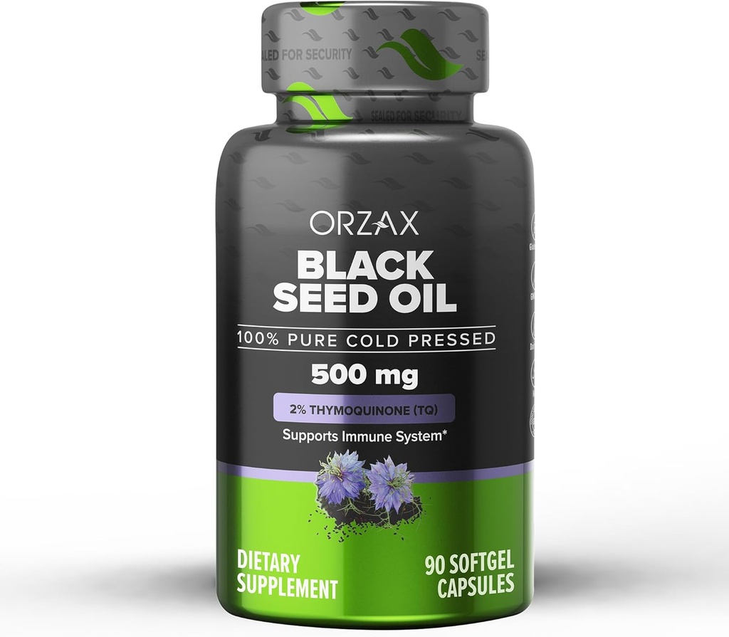 ORZAX Black Seed Oil Cold Pressed 100% Pure Measures 124; Non- GMO - Rich in Omega 3 6 9 & Thymoquinone Measures 124; Black Cumin Nigella Sativa Oil for immunforsvar, hår, hud, ansigt (500 mg - 90 Softgel Capsules)