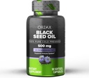 ORZAX Black Seed Oil Cold Pressed 100% Pure Measures 124; Non- GMO - Rich in Omega 3 6 9 & Thymoquinone Measures 124; Black Cumin Nigella Sativa Oil for immunforsvar, hår, hud, ansigt (500 mg - 90 Softgel Capsules)