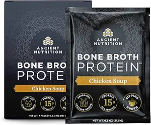 Bone Broth Protein Powder by Ancient Nutrition, Chicken Soup Pacets, Grass- Fed Chicken and Beef Bone Broth Powder, 15g Protein Per Serving, Understøtter en sund Gut, 7 Ct