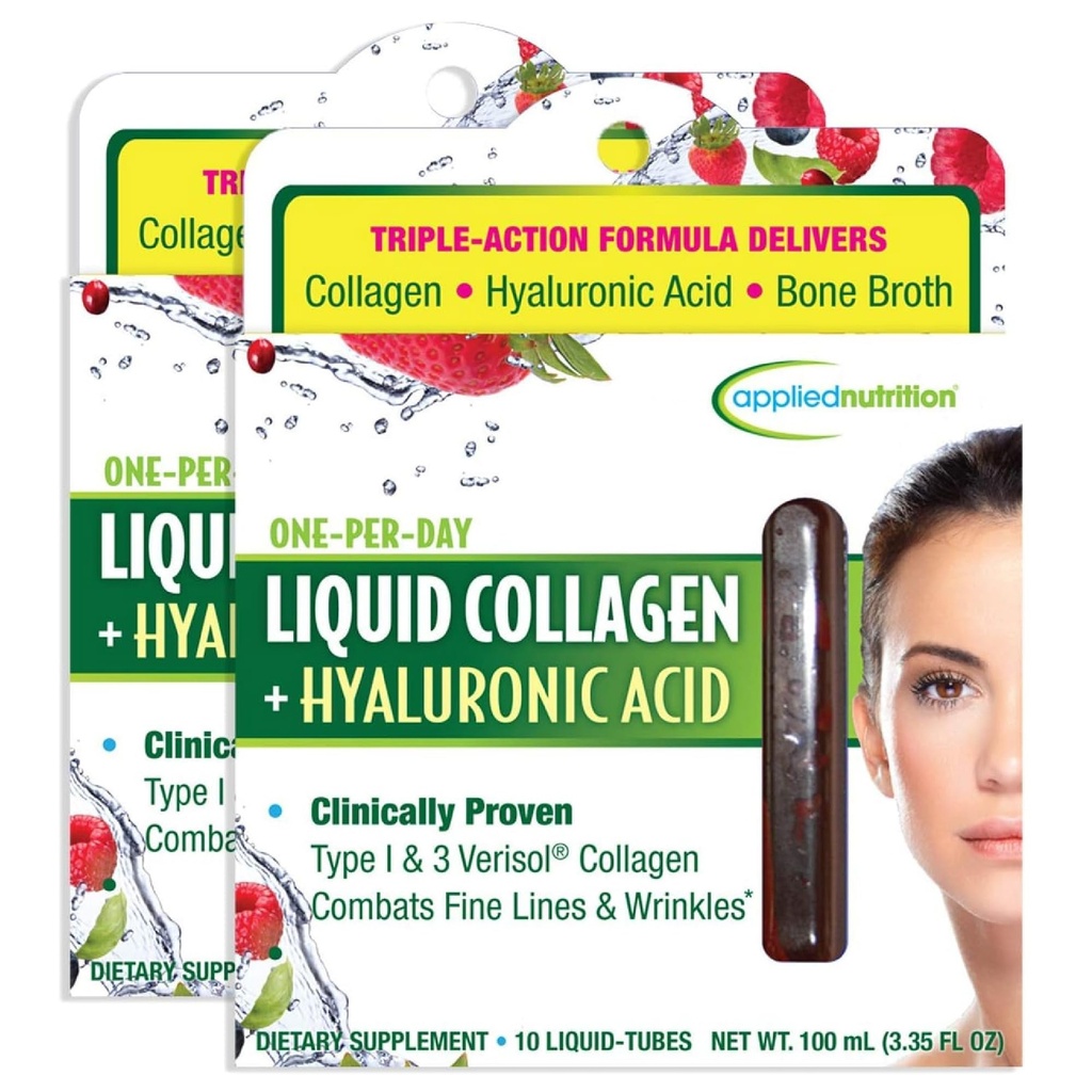 Anvendt Nutrition Liquid Collagen + Hyaluronsyre - 10 flydende rør, pakke med 2 - Hud & Nail Restaurering - Blandede Berry Flavor - 20 Servering