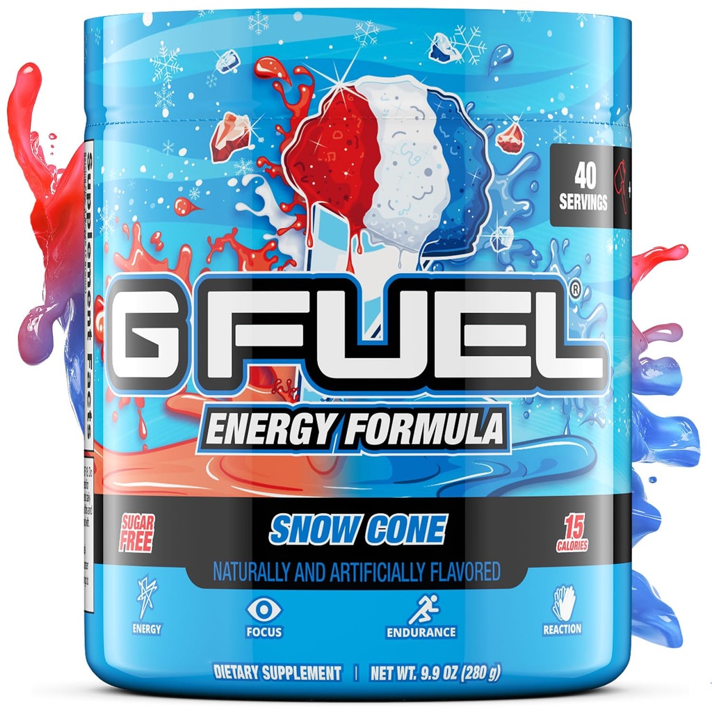 G Brændstof Snow Cone Energy Drink Powder, Pre Workout Koffein Mix for Gaming, Sugar Free Focus Amino, Vitamin + Antioxidanter, 9.9oz (Snow Cone, 40 Servere)
