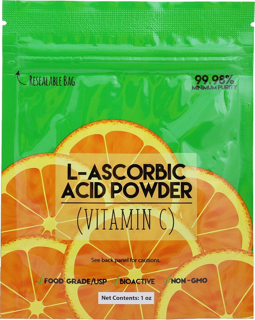 Duda Energy Asc01oz Bag af L- Ascorbic Acid Powder 99 +% Food Grade USP36 / BP2012 Naturlig Fermenteret Rene krystaller Form af C-vitamin, 1 oz., Hvid