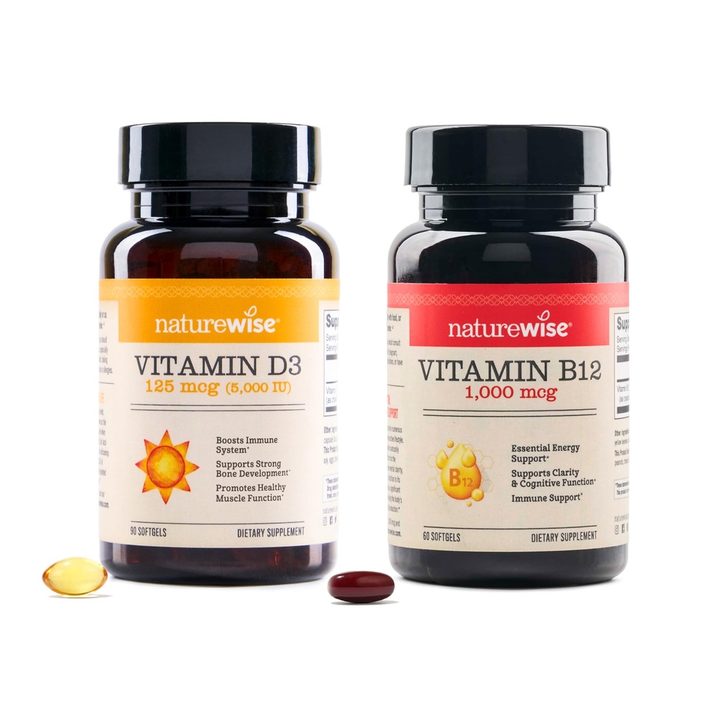 NatureWise D3 5000iu, B12 1000mcg Mental Clarity Energy Support immunforsvar Non- GMO Gluten Free Olive Oil Softels