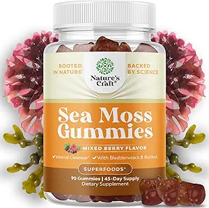 Natures Craft Irish Sea Moss Gummies for Women Men & Kids - immunsupporttillæg med Irish Sea Moss, Bladderwrack & Burdock Root - Detox Gummies for Body Cleanse - 90 Chewable Gums