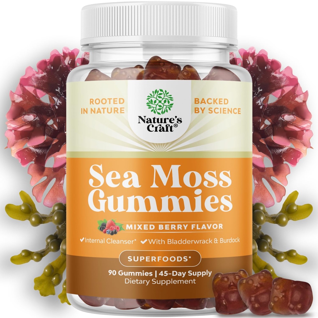 Natures Craft Irish Sea Moss Gummies for Women Men & Kids - immunsupporttillæg med Irish Sea Moss, Bladderwrack & Burdock Root - Detox Gummies for Body Cleanse - 90 Chewable Gums