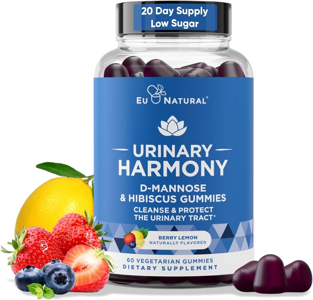 Urinary Harmony D Mannose Gummies for Urinary Tract Health - D- Mannose & Hibiscus Rense, Flush & Beskyt det Urinary System - Potent Formel, Drug Free - 60 Berry Lemon Flavor Gummies, 20 dages forsyning