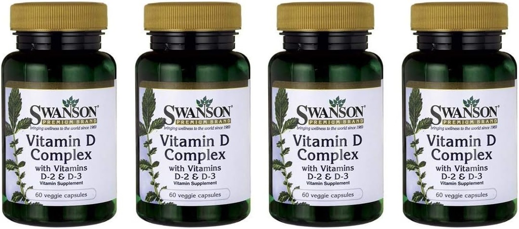 Swanson D-vitaminkompleks med vitaminer D2 & D3 - Komplet Sunshine Vitamin Complex til ben, tand- og immunsundhed - Vitamin supplement (50 mcg, 60 Veggie kapsler) 4 Pack