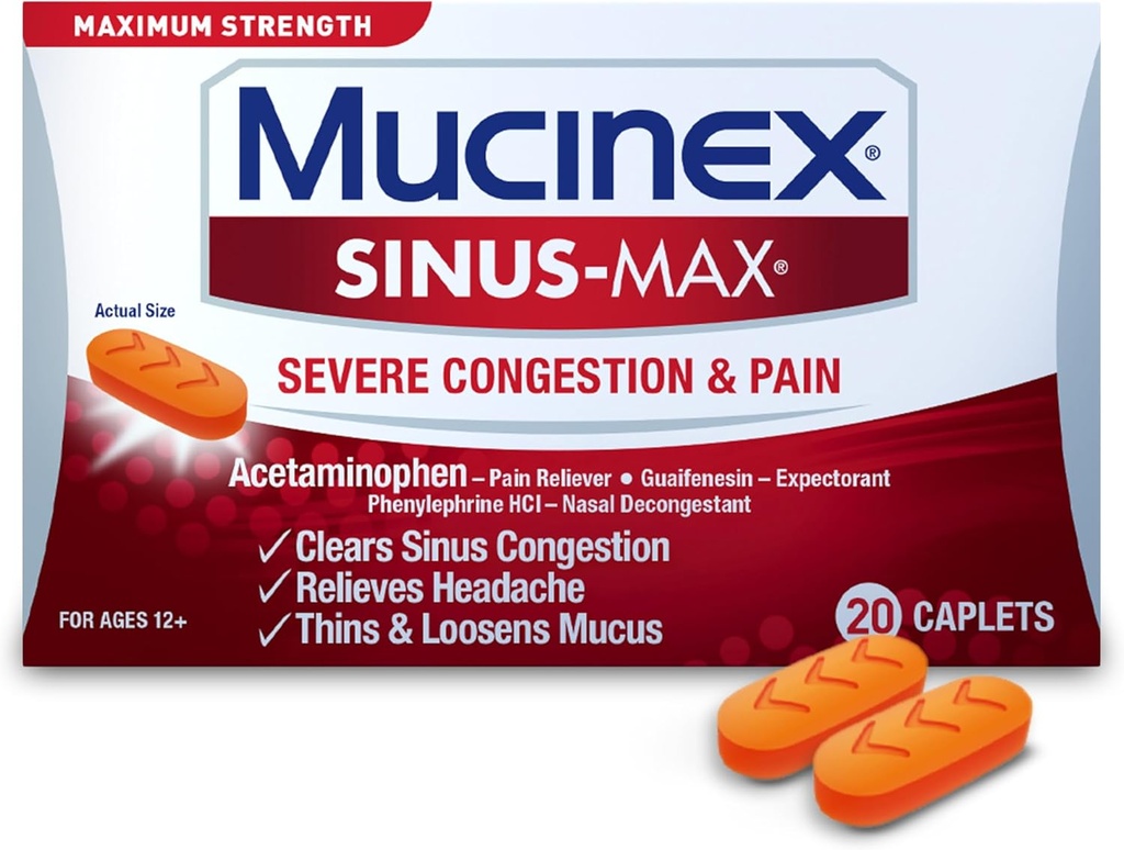 Mucinex Sinus- Max Svær Congestion Relief Caplets, 20 Greve