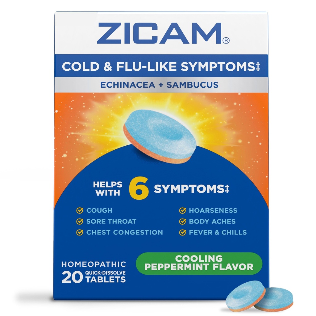 Zicam Cold & Flu-Like Symptoms with Echinacea and Sambucus, Homeopathic, Zinc, Cooling Peppermint Flavor, Helps with Cold Symptoms, 20 Tablets
