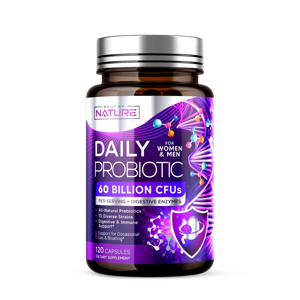 Bygget af Nature Probiotic for Women & Men - 60 Millioner CFU, 10 Stammer + Prebiotika & fordøjelsesenzymer - Understøtter fordøjelse, immunforsvar, Reducere Gas & Bloating - Hylde Stable, ikke-GMO - 120 Kapsler