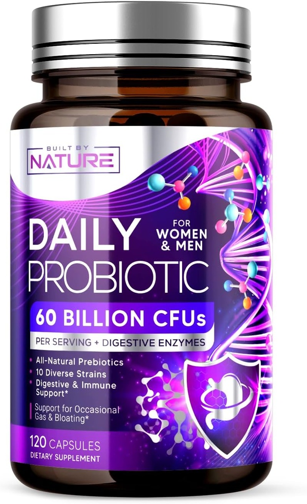 Bygget af Nature Probiotic for Women & Men - 60 Millioner CFU, 10 Stammer + Prebiotika & fordøjelsesenzymer - Understøtter fordøjelse, immunforsvar, Reducere Gas & Bloating - Hylde Stable, ikke-GMO - 120 Kapsler