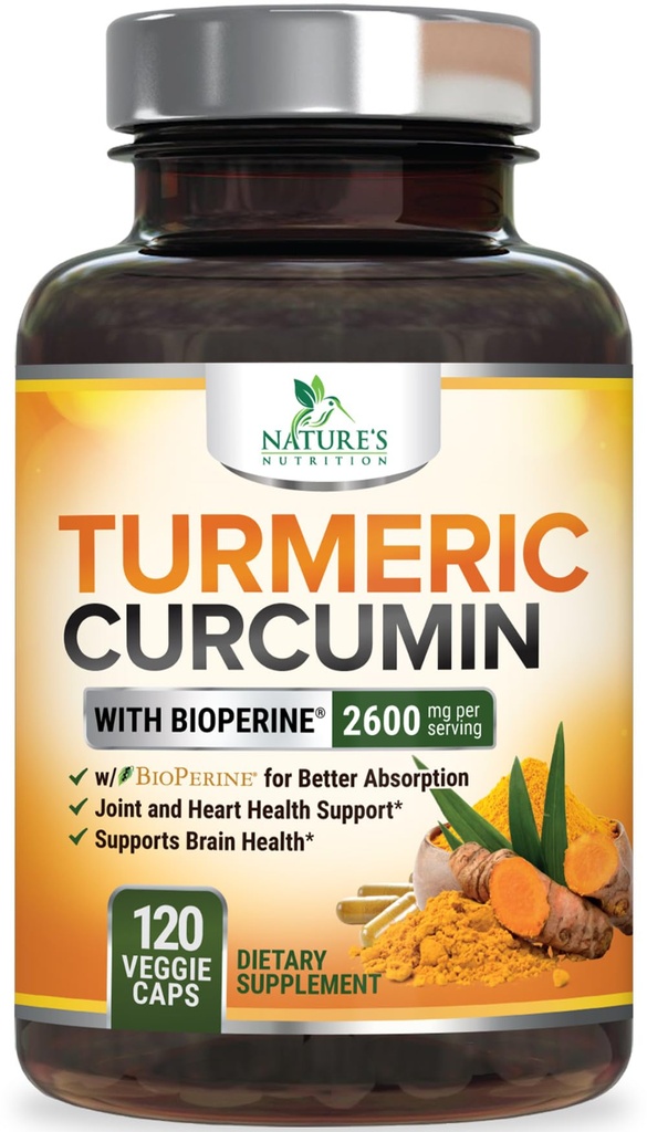 Gurkemeje Supplement 2600mg - 95% Curcuminoider med økologisk gurkemeje & BioPerine Black Pepper Extract for Best Absorption, Natural Vegan Joint Support, Non- GMO, Flasket i USA - 120 Kapsler