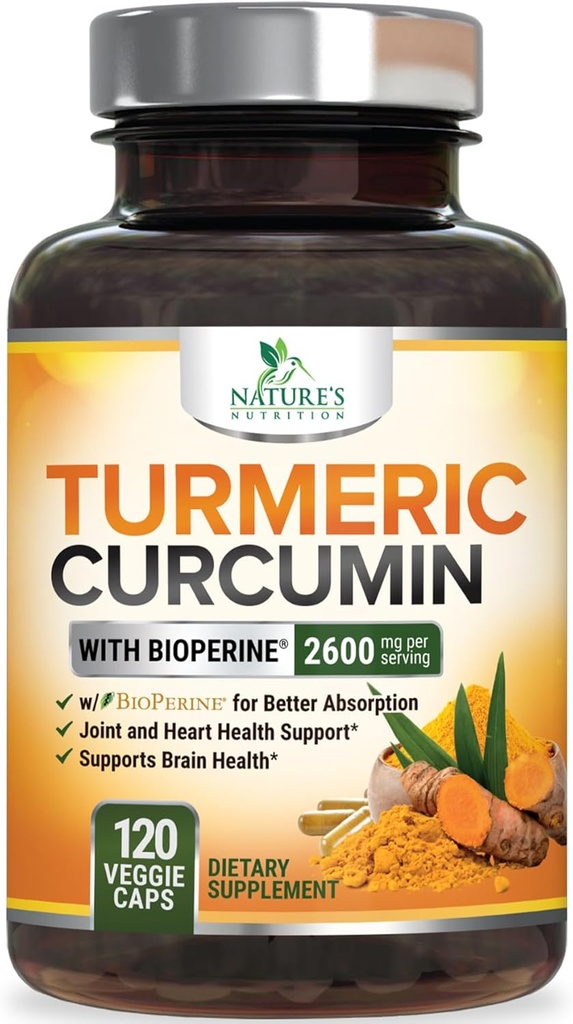 Gurkemeje Supplement 2600mg - 95% Curcuminoider med økologisk gurkemeje & BioPerine Black Pepper Extract for Best Absorption, Natural Vegan Joint Support, Non- GMO, Flasket i USA - 120 Kapsler