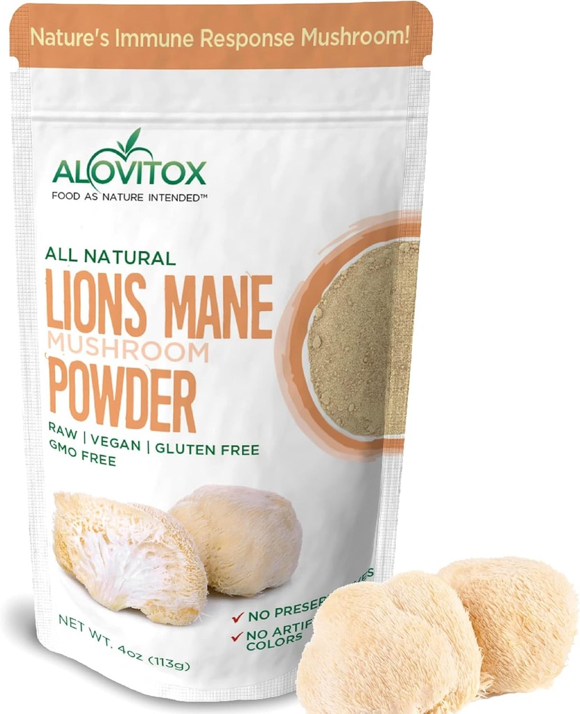 Alovitox Organic Lions Mane Mushroom Powder 124; Natural Superfood for Brain, Energy & Immune Health, Provides Neurale Support, GI Protection, Cardiovaskulære Fordele