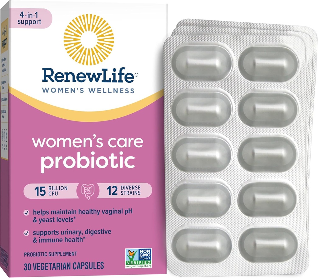 Renew Life Women 's Probiotic Capsules, Understøtter pH-balance for kvinder, Vaginal, Urinary, fordøjelse og immunforsvar, L. Rhamnosus GG, Dairy, Soy og Gluten- Free, 15 milliarder CFU - 30 Ct