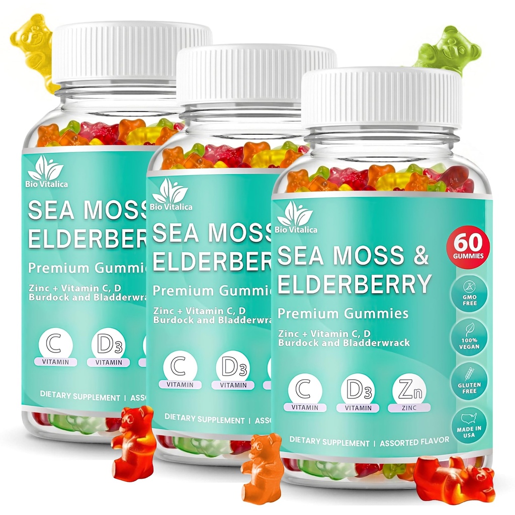 BIO VITALICA Sea Moss Gummies Elderberry BioVitalica - Vitamin C D + Zink - Irish Seamoss Vegan Gummy med Sea Moss Gel & Powder for Immunity, Detox - for voksne og børn (3Packs)
