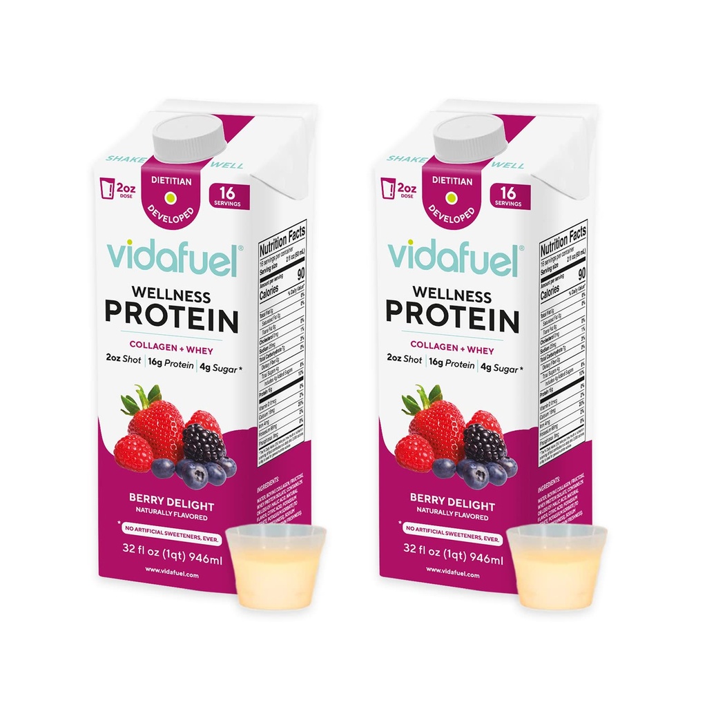 Vidafuel Wellness Protein Drink, 16g Protein per 2oz Shot, 32 fl oz Carton, 2 Pack, Berry, Collagen og Whey Drink, Ingen kunstige sødestoffer