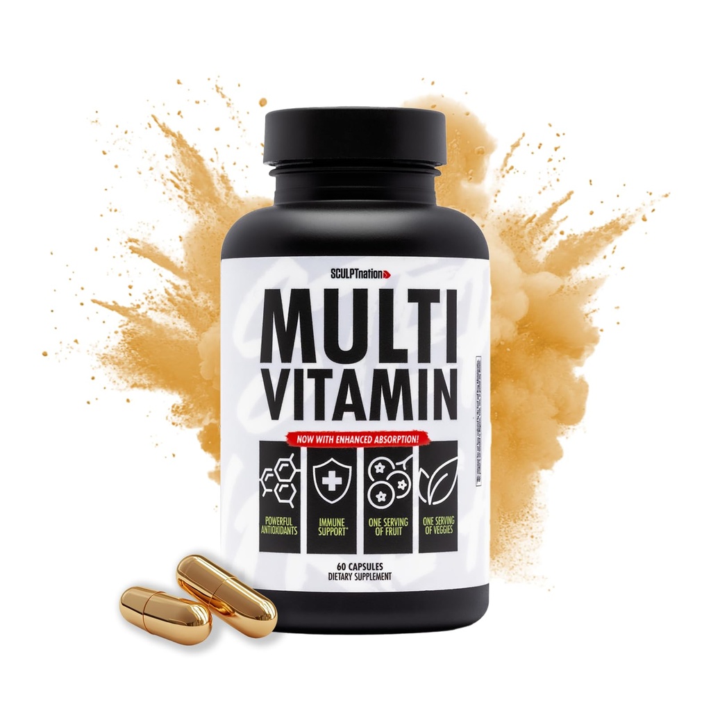 Nation af V Shred Multivitamin - Daglig Multivitamin for kvinder og mænd med zink, C-vitamin og kobber, Ernæringsstøtte med én servering af frugt og grøntsager - 60 kapsler