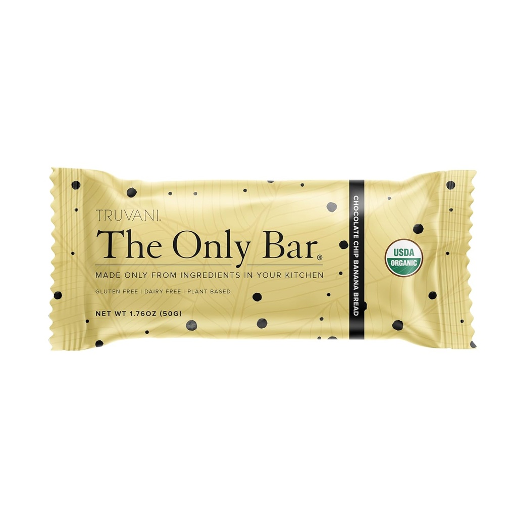 Truvani Plant Based Snack Bars 124; Chokolade Chip Banana Brød 1 Pack Note 124; 5g Protein Note 124; USDA Organic and Vegan Buddy 124; Den eneste Bar Buddy 124; Dairy, Soy, og Gluten Free Buddy 124; Individuelt indpakket