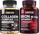 Collagen Peptider og Iron Bundle, 2025 MG Collagen, Zero Sugar, 65 MG Elemental Iron, Carbonyl Iron med C-vitamin, Genert på Maven