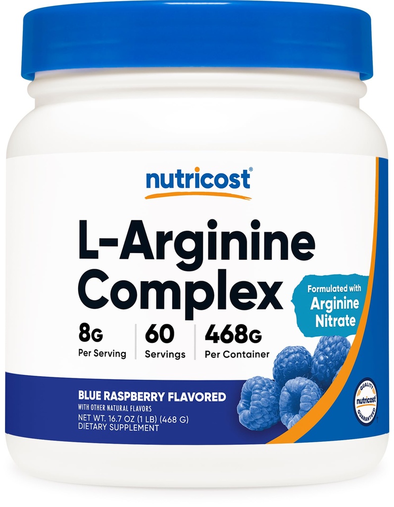 Nutricost L- Arginin Complex (Blå Hindbær, 60 Servering) - Gluten Free, Non- GMO