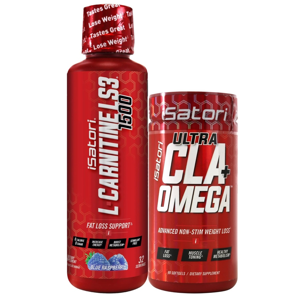 iSatori L- Carnitin LS3 Blue Raspberry 1500mg (32 Servere) Ultra CLA (90 Softgels), Flydende L- Carnitin med Acetyl, Omega 3 6 9 Saflor Oil
