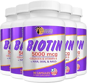 Solskin Naturals Biotin Kosttilskud. Collagen, vitamin A, B for hårtab, skønhed, celle fornyelse, skalp sundhed. 5000 mcg. 90 kapsler. Pakning á 5