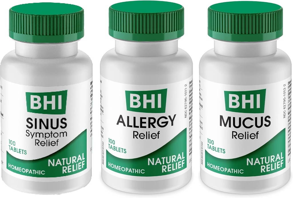 MediNatura BHI Multi Symptom Flare- Up Defense Bundle Sinus Relief Tablets (100) Mucus Relief Tablets (100) + Allergy Relief Tablets (100) Homøopatisk Relief - Fast- Actioning, Quick- Opløs