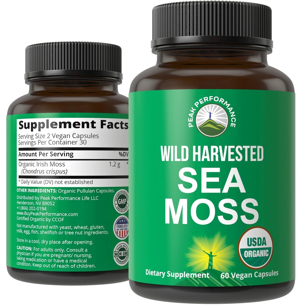Organic Sea Moss Capsules. Wild Hartered Sea Moss Raw Organic Vegan Supplement fra Red Algae Seaweed. 100% hel ekstrakt Raw Irish SeaMoss Superfood Pills.